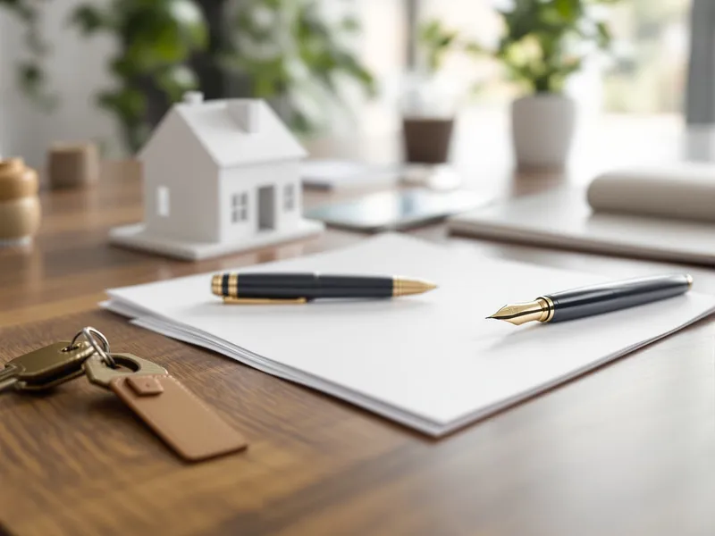 Schreibtisch mit Hausmodell, Schlüssel und Unterlagen zur Immobilienfinanzierung