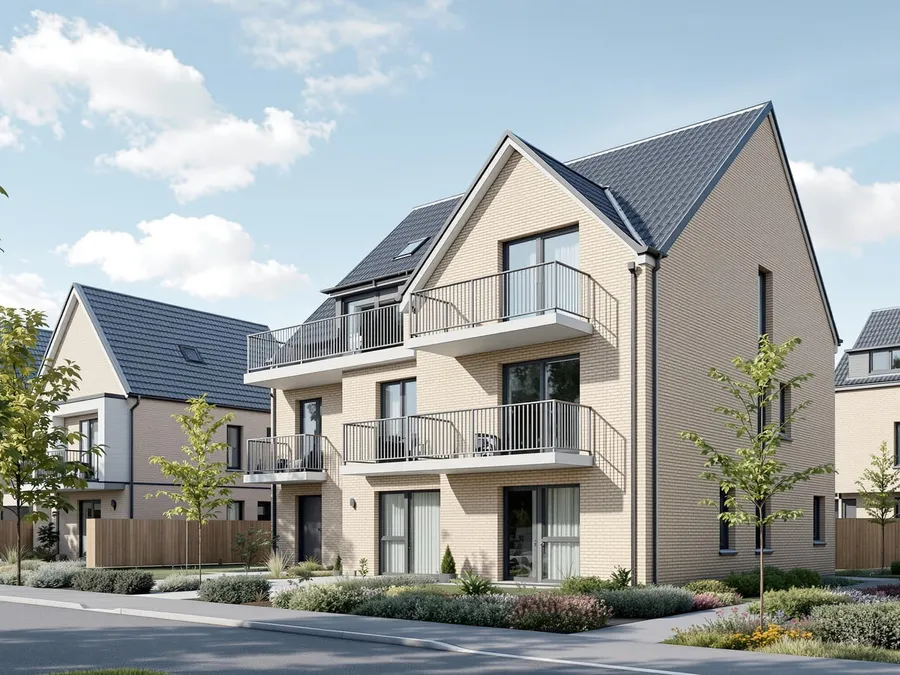 Neu gebautes Mehrfamilienhaus mit Klinkerfassade und Balkonen