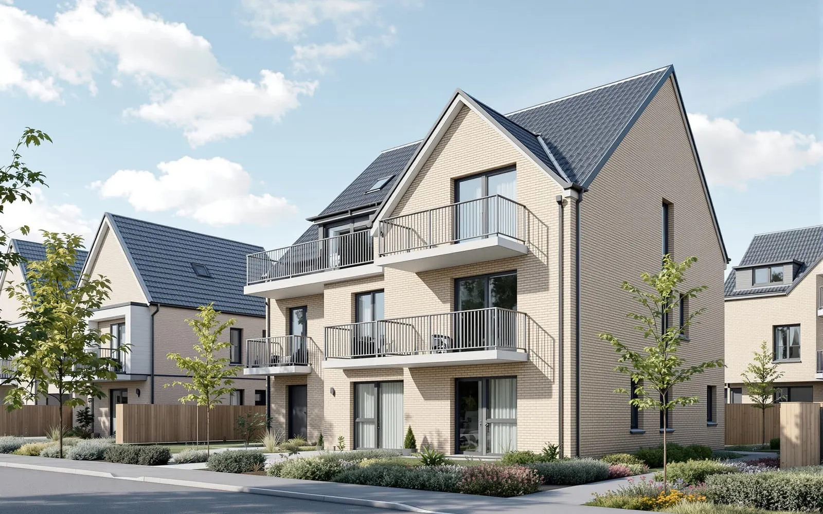 Neu gebautes Mehrfamilienhaus mit Klinkerfassade und Balkonen