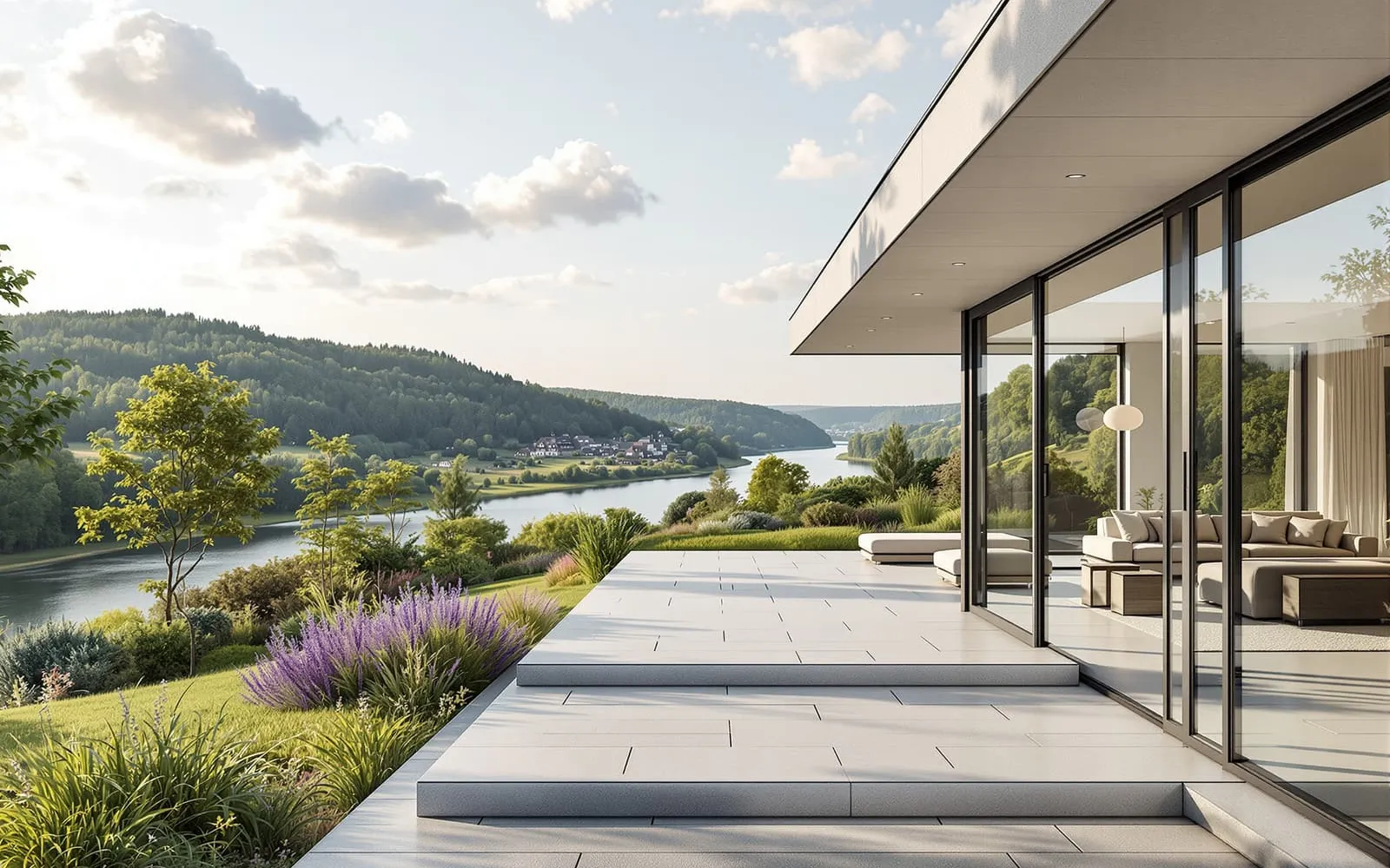 Moderne Villa mit großer Terrasse und Blick über das Elbtal